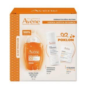 AVENE Sun PROMO ultra fluid SPF50+50ml POKLON Avene Thermalana voda 50ml+Vitamin activ Cg serum za blistavost kože 2ml